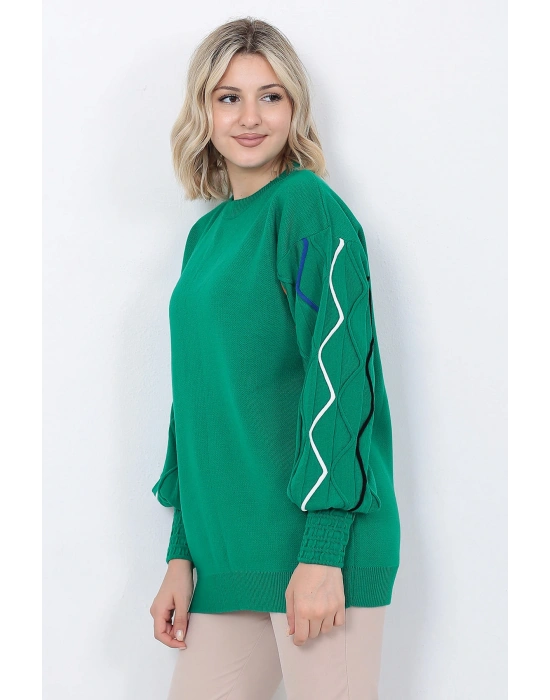 Kadın Triko Kazak Kolu Çizgili Yeşil