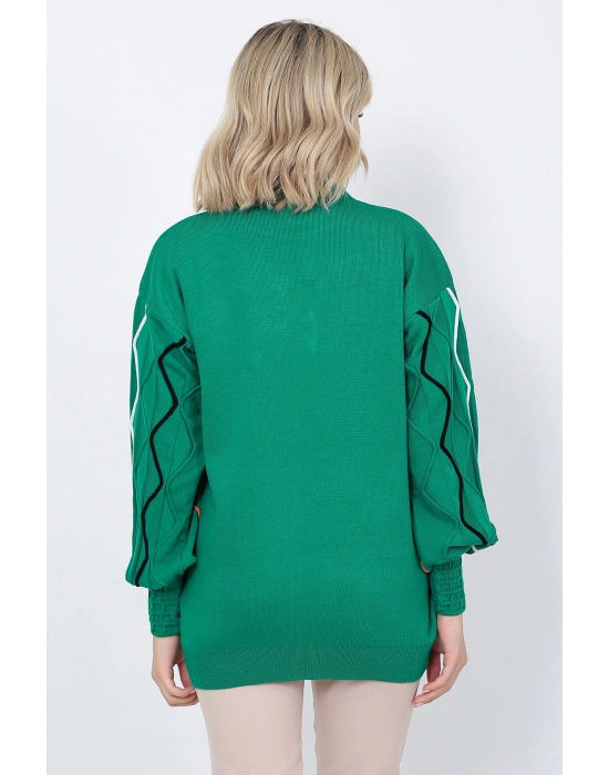 Kadın Triko Kazak Kolu Çizgili Yeşil