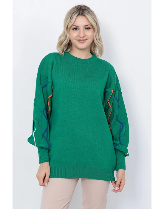 Kadın Triko Kazak Kolu Çizgili Yeşil