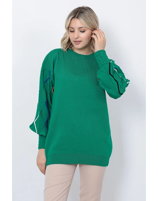 Kadın Triko Kazak Kolu Çizgili Yeşil