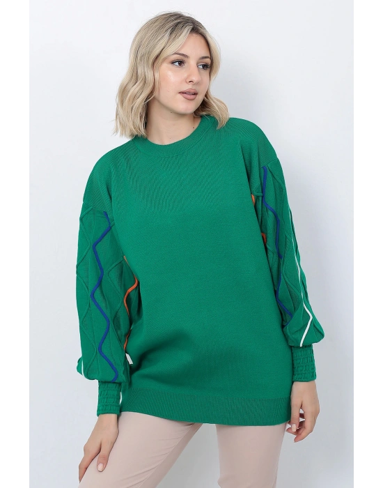 Kadın Triko Kazak Kolu Çizgili Yeşil