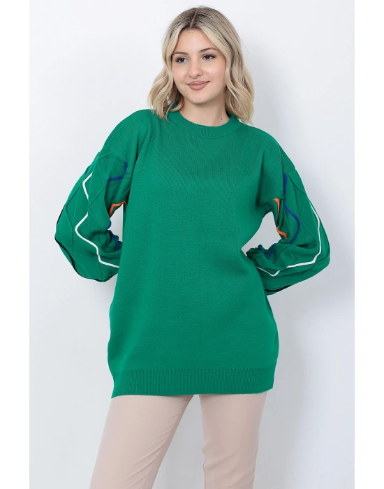 Kadın Triko Kazak Kolu Çizgili Yeşil