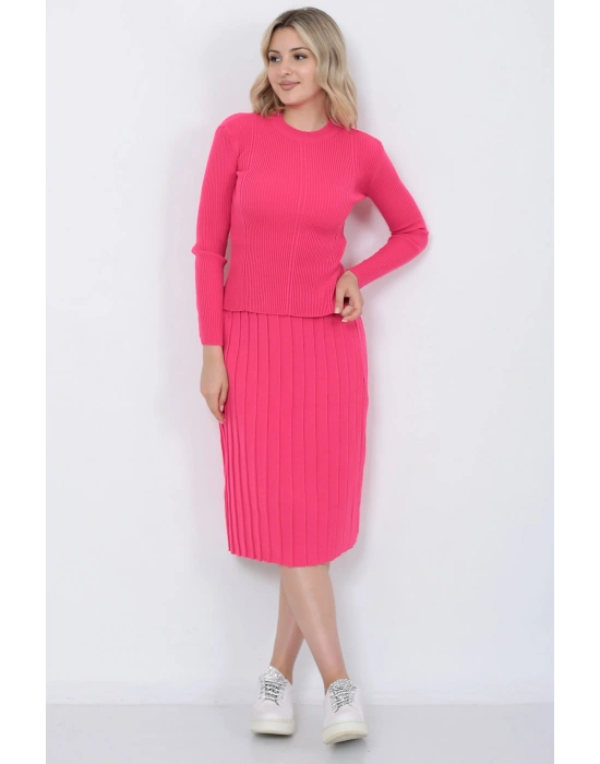 Kadın Triko Pilise Etekli Saç Örğülü Kazak Takım Oversize Fujya