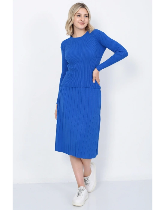 Kadın Triko Pilise Etekli Saç Örğülü Kazak Takım Oversize Mavi