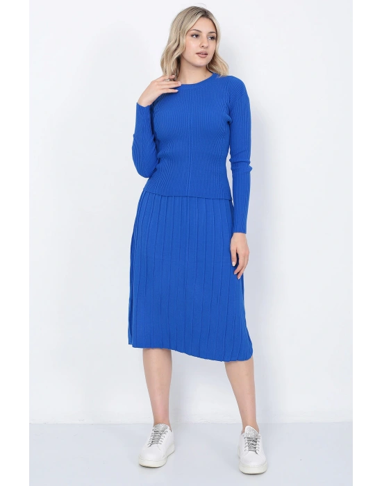 Kadın Triko Pilise Etekli Saç Örğülü Kazak Takım Oversize Mavi