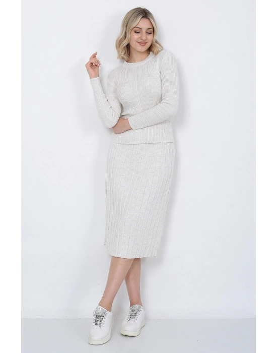 Kadın Triko Pilise Etekli Saç Örğülü Kazak Takım Oversize Taş