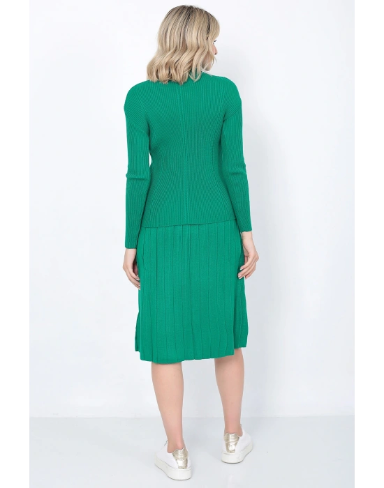 Kadın Triko Pilise Etekli Saç Örğülü Kazak Takım Oversize Yeşil