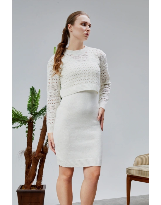Kadın Triko Takım Delikli Kazak ve Askılı Elbise Standart Beden Ekru