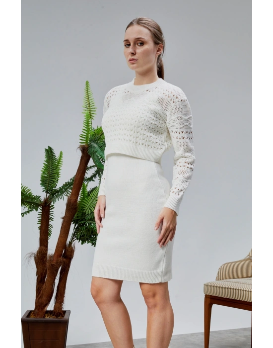 Kadın Triko Takım Delikli Kazak ve Askılı Elbise Standart Beden Ekru