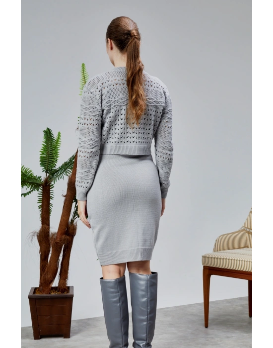 Kadın Triko Takım Delikli Kazak ve Askılı Elbise Standart Beden Gri