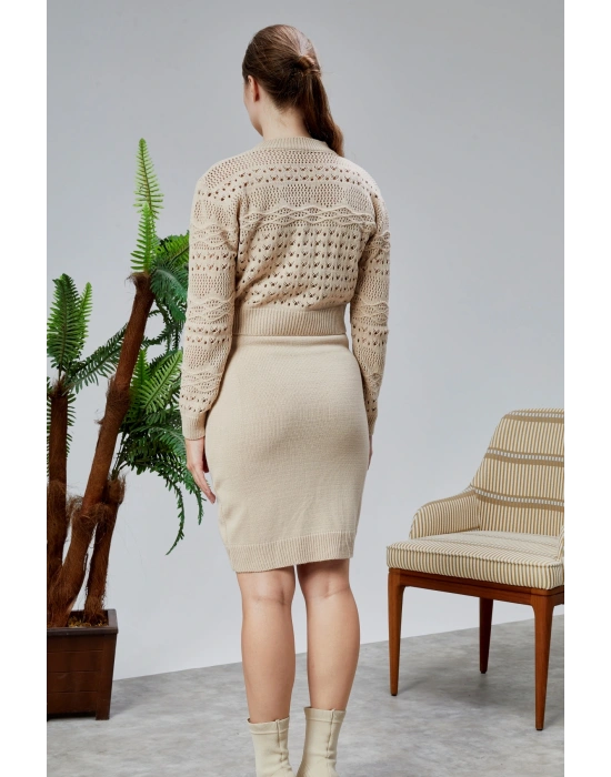 Kadın Triko Takım Delikli Kazak ve Askılı Elbise Standart Beden Ten Rengi