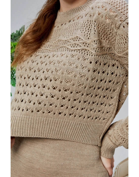 Kadın Triko Takım Delikli Kazak ve Askılı Elbise Standart Beden Vizon