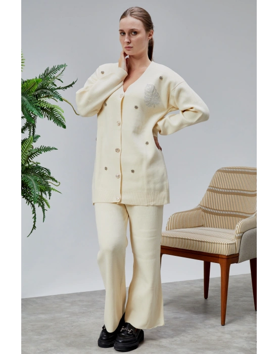 Kadın Triko Takım Taşlı Standart Beden Ekru