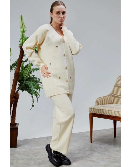 Kadın Triko Takım Taşlı Standart Beden Ekru