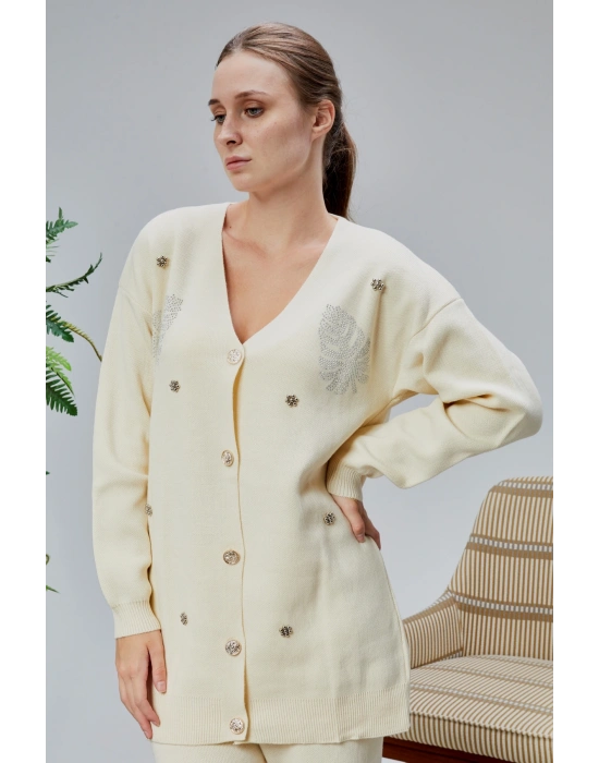 Kadın Triko Takım Taşlı Standart Beden Ekru