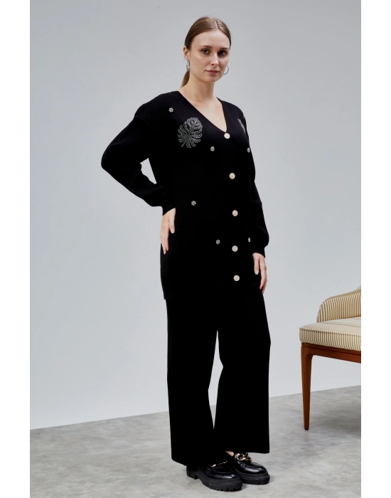 Kadın Triko Takım Taşlı Standart Beden Siyah
