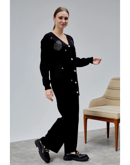 Kadın Triko Takım Taşlı Standart Beden Siyah