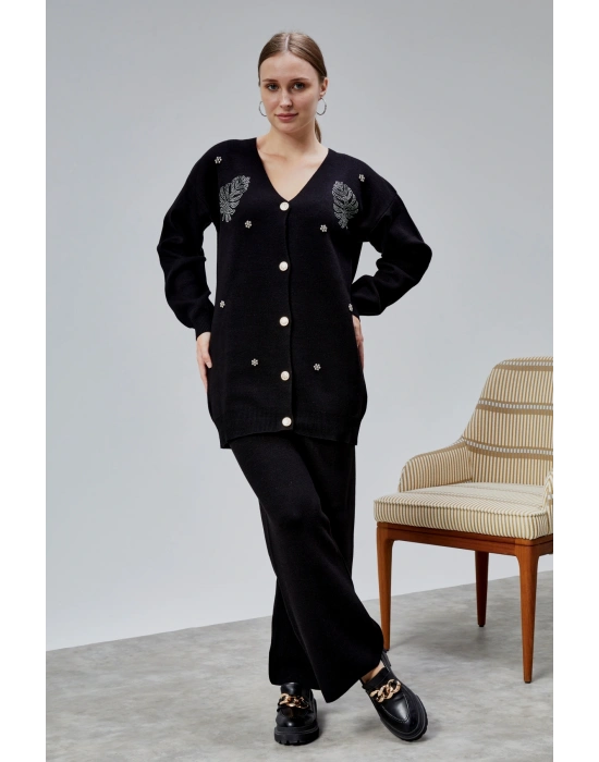 Kadın Triko Takım Taşlı Standart Beden Siyah