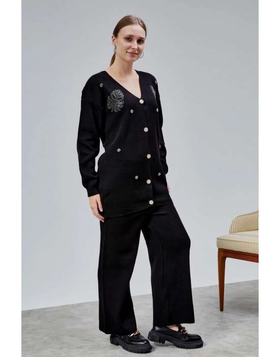 Kadın Triko Takım Taşlı Standart Beden Siyah