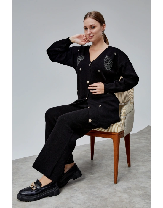 Kadın Triko Takım Taşlı Standart Beden Siyah