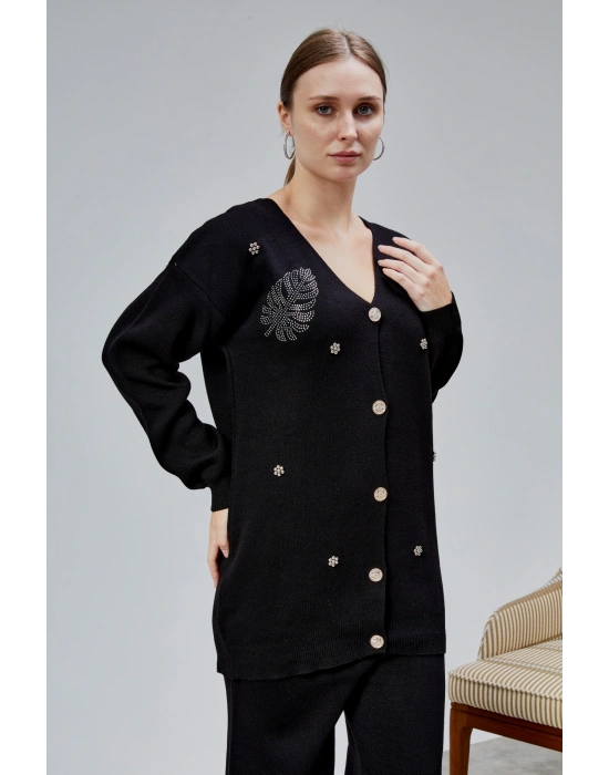 Kadın Triko Takım Taşlı Standart Beden Siyah