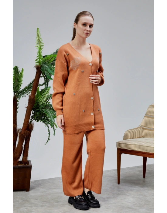 Kadın Triko Takım Taşlı Standart Beden Tarçın