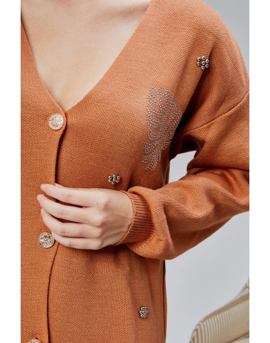 Kadın Triko Takım Taşlı Standart Beden Tarçın