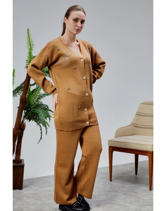 Kadın Triko Takım Taşlı Standart Beden Vizon