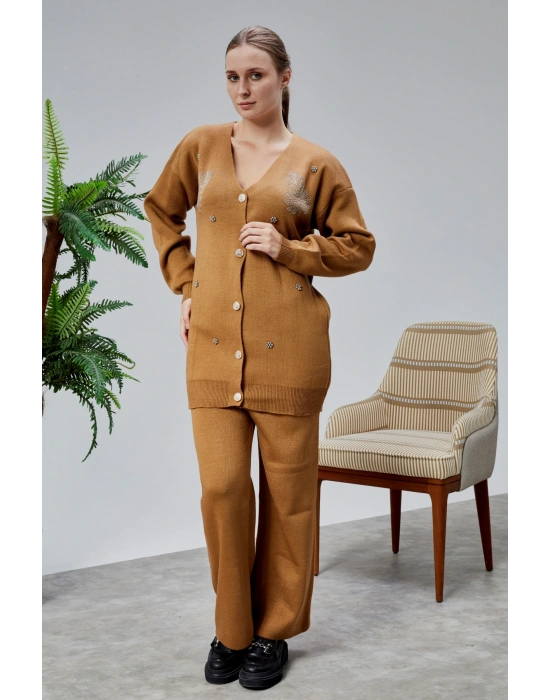 Kadın Triko Takım Taşlı Standart Beden Vizon