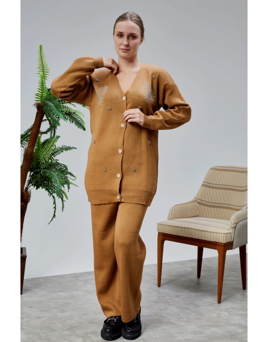 Kadın Triko Takım Taşlı Standart Beden Vizon