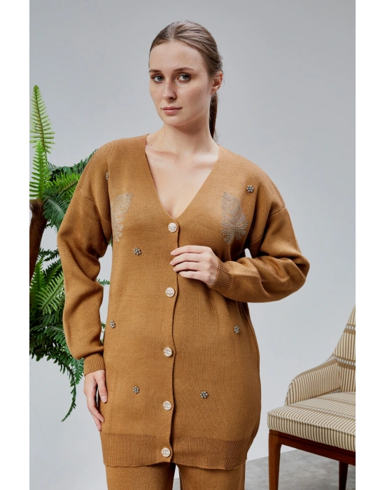 Kadın Triko Takım Taşlı Standart Beden Vizon