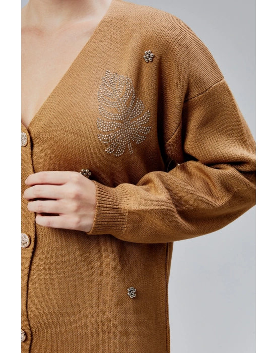 Kadın Triko Takım Taşlı Standart Beden Vizon