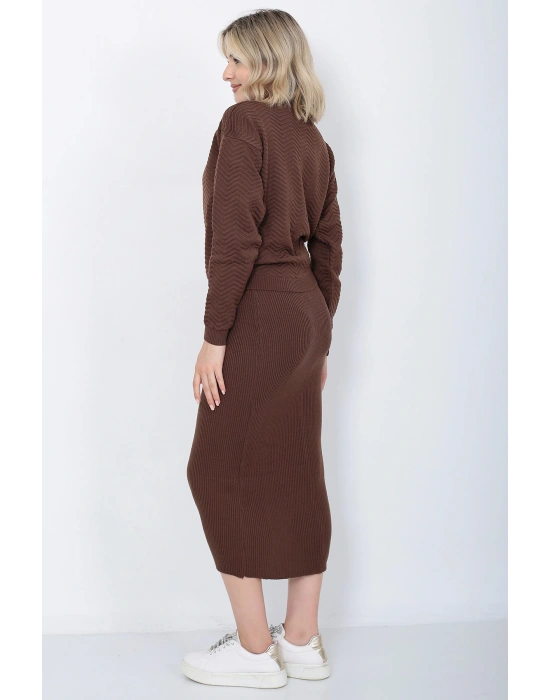 Kadın Triko Zikzak Çizgili Kazak ve Etek Takım Oversize Kahverengi