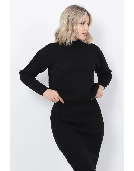 Kadın Triko Zikzak Çizgili Kazak ve Etek Takım Oversize Siyah