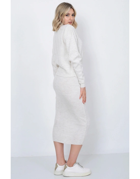 Kadın Triko Zikzak Çizgili Kazak ve Etek Takım Oversize Taş