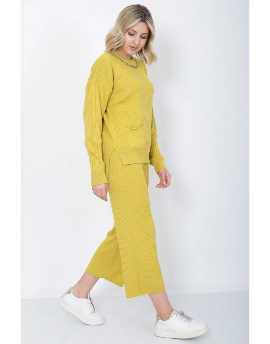 Kadın Triko Zincirli Cepli Kazak Pantolon Takım Oversize Hardal