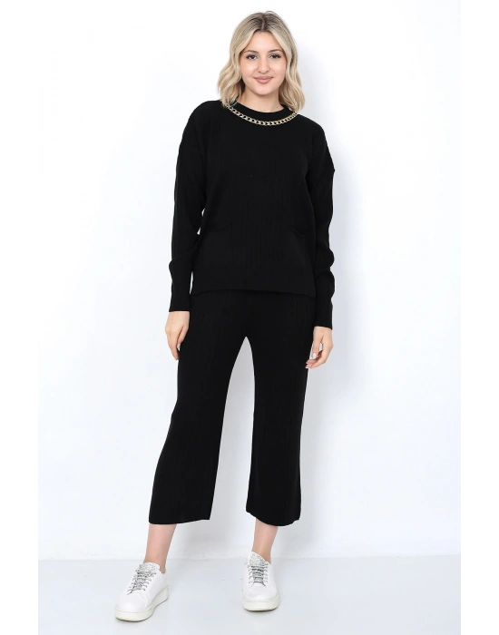 Kadın Triko Zincirli Cepli Kazak Pantolon Takım Oversize Siyah