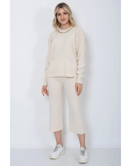 Kadın Triko Zincirli Cepli Kazak Pantolon Takım Oversize Taş