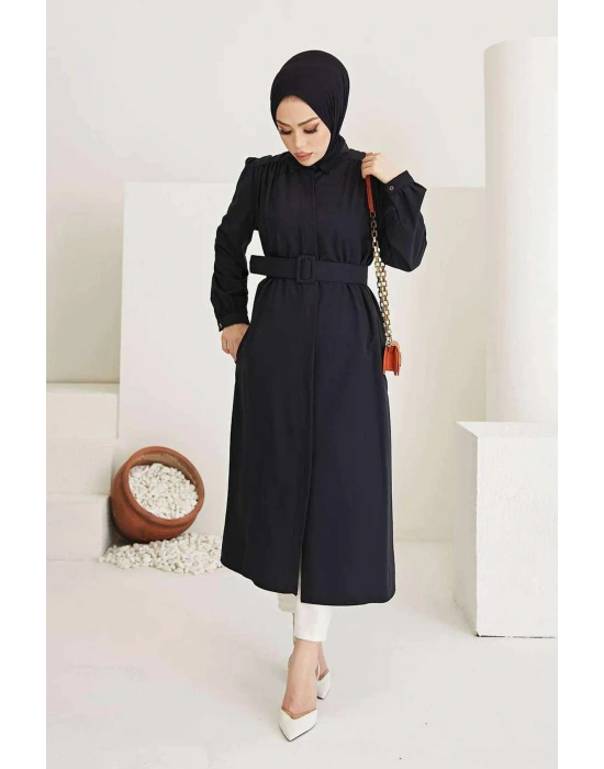Kaplama elbise Kemerli Boydan Düğmeli Tesettür Tunik Siyah 7140