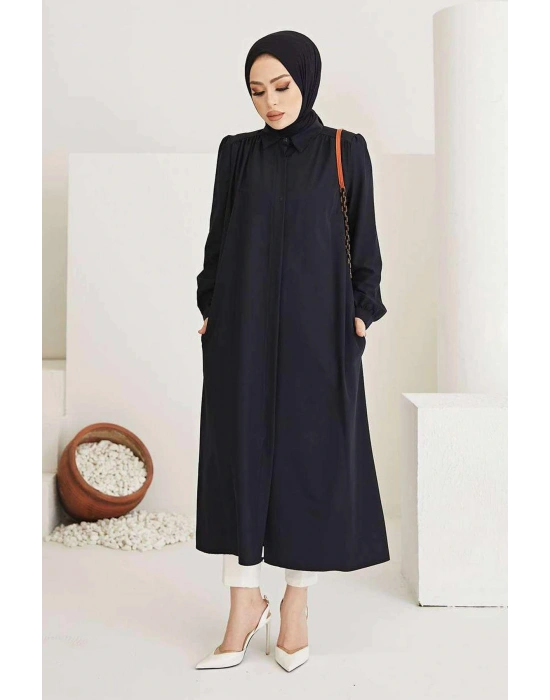 Kaplama elbise Kemerli Boydan Düğmeli Tesettür Tunik Siyah 7140