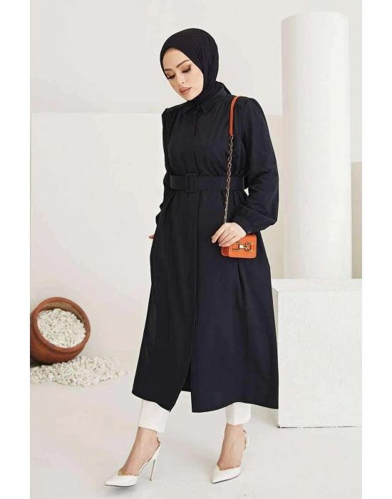 Kaplama elbise Kemerli Boydan Düğmeli Tesettür Tunik Siyah 7140