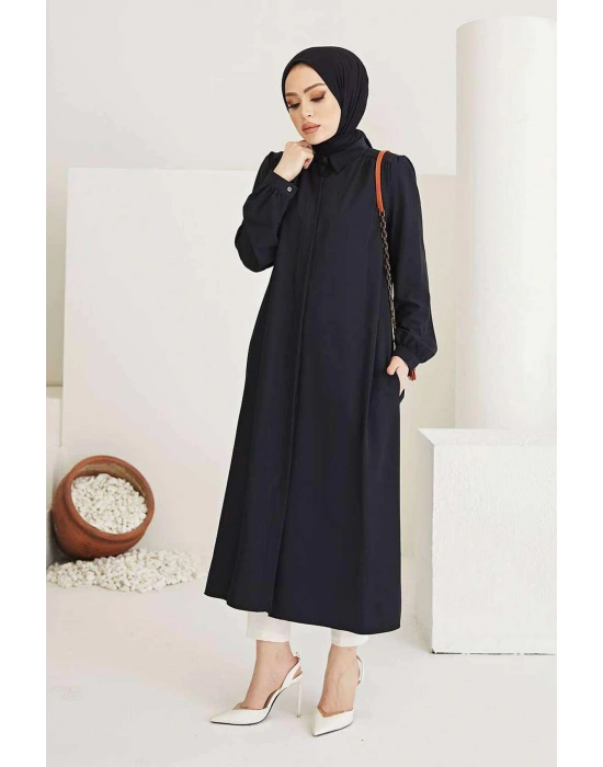Kaplama elbise Kemerli Boydan Düğmeli Tesettür Tunik Siyah 7140