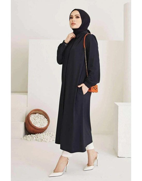 Kaplama elbise Kemerli Boydan Düğmeli Tesettür Tunik Siyah 7140