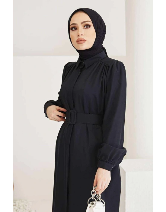 Kaplama elbise Kemerli Boydan Düğmeli Tesettür Tunik Siyah 7140