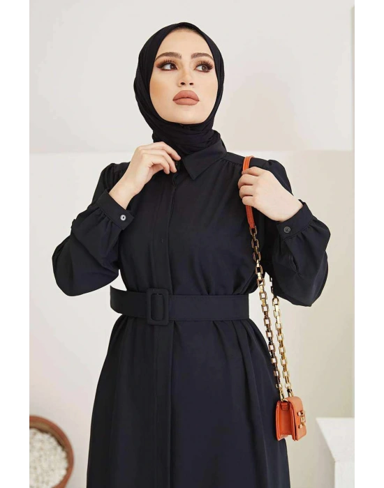 Kaplama elbise Kemerli Boydan Düğmeli Tesettür Tunik Siyah 7140