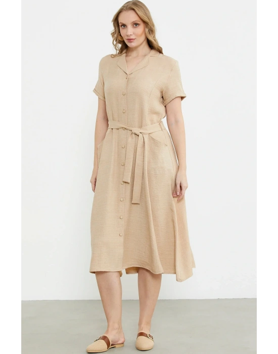 Keten Görünümlü Cepli Gömlek Elbise - Bej