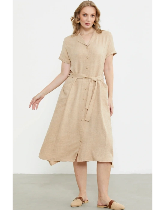 Keten Görünümlü Cepli Gömlek Elbise - Bej