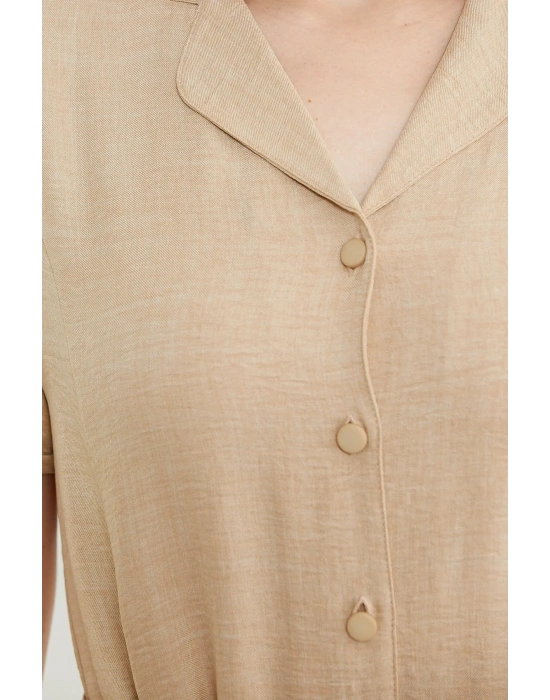 Keten Görünümlü Cepli Gömlek Elbise - Bej