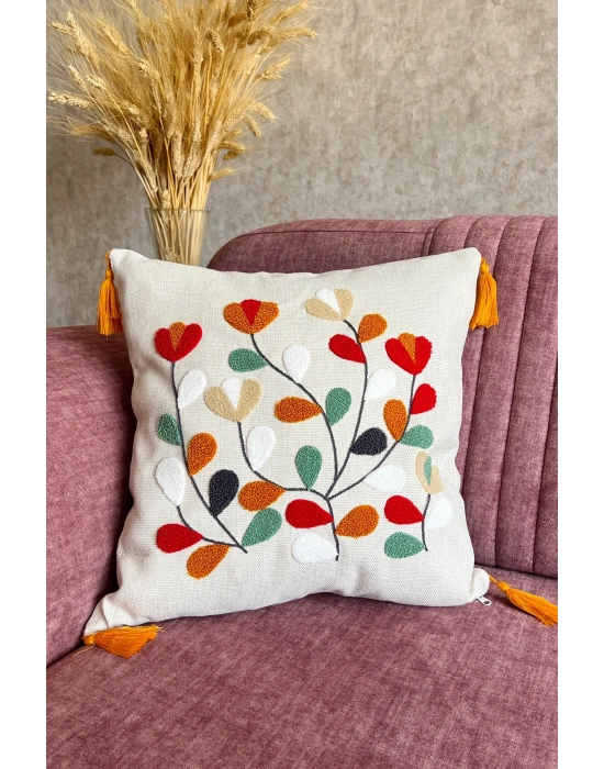 Keten Kumaş Nakışlı Püsküllü Kırlent Kılıfı Punch Renkli Sarmaşık