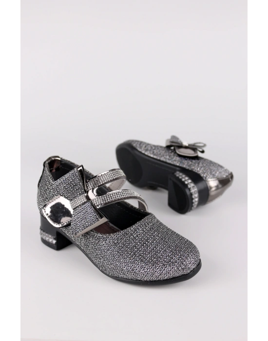 Kız Çocuk Ayakkabı Abiye Papyonlu Babet Taşlı Simli Gri